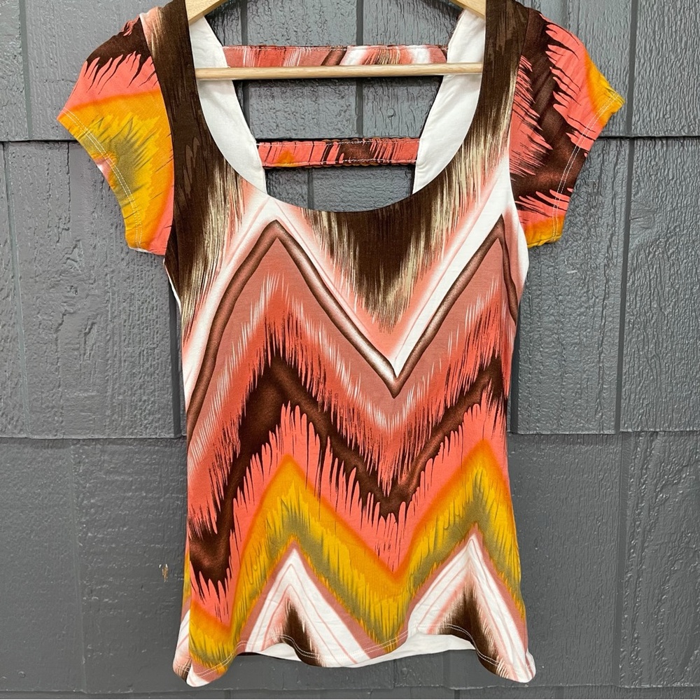 Sky Chevron Brown Orange Mustard Yellow Top with Faux Leather Braided Back - Picture 4 of 8